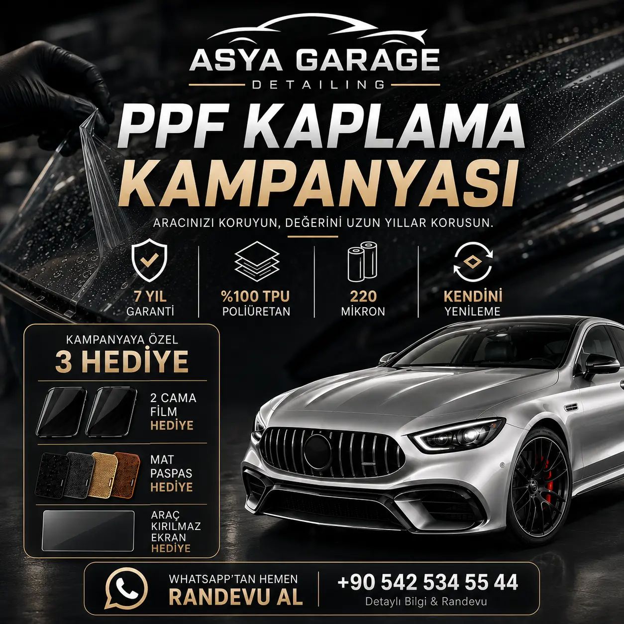Asya Garage PPF kaplama kampanyası; 7 yıl garanti, yüzde 100 TPU, 220 mikron ve üç hediye