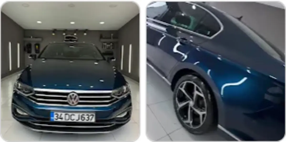 Pasta cila uygulaması yapılan mavi Volkswagen araç